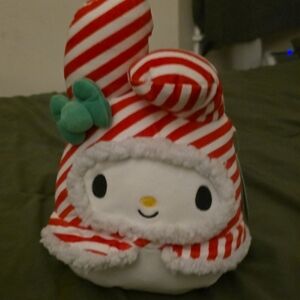 Squishmallows Red White Striped Holiday Bunny with Green Bow